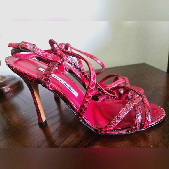Vintage Manolo Blahnik Red Burgundy Snake Print Strappy High Heels - Picture 1 of 3